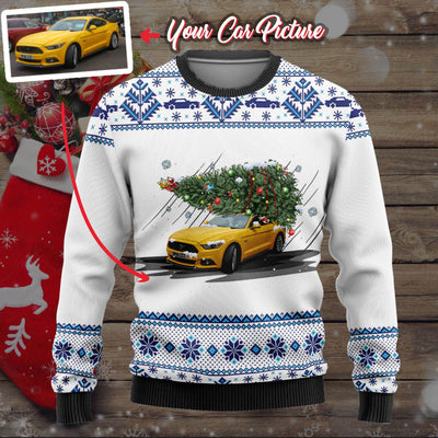 Personalized Car Christmas Tree Wool Ugly Sweater V2