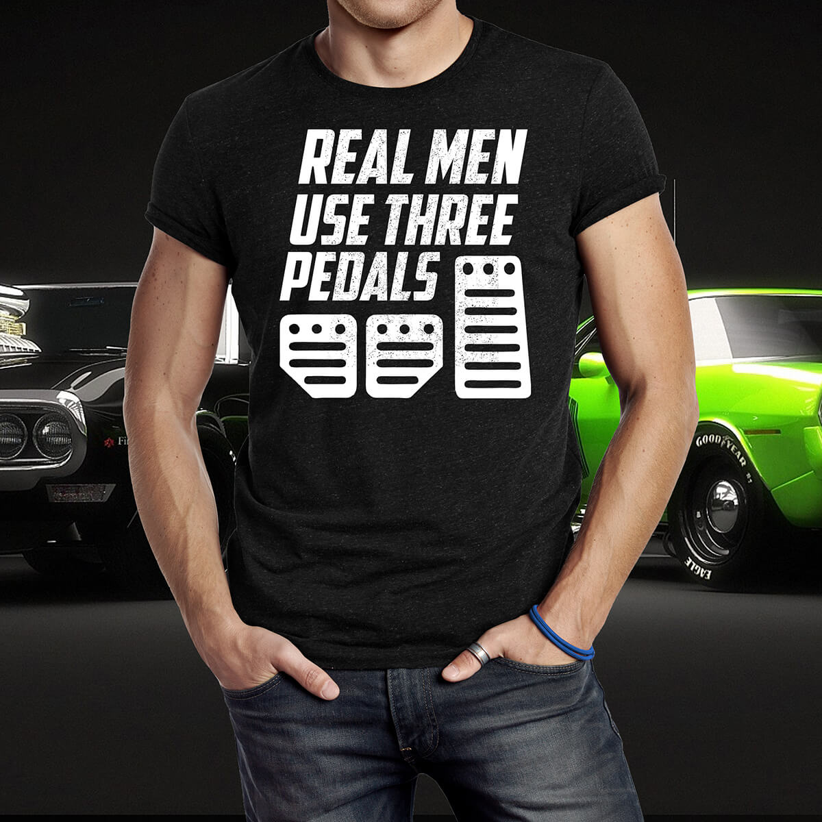 REAL MEN USE THREE PEDALS T-SHIRT