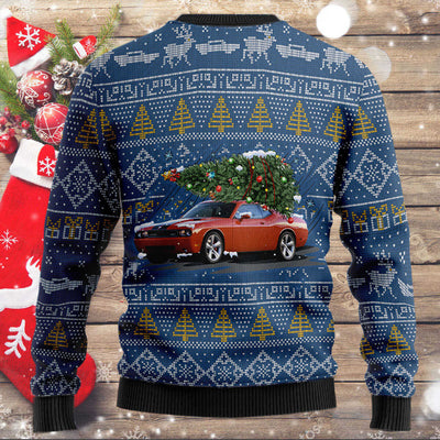 Dodge Challenger Wool Ugly Sweater - Mountain Christmas Tree Of Dodge Challengers