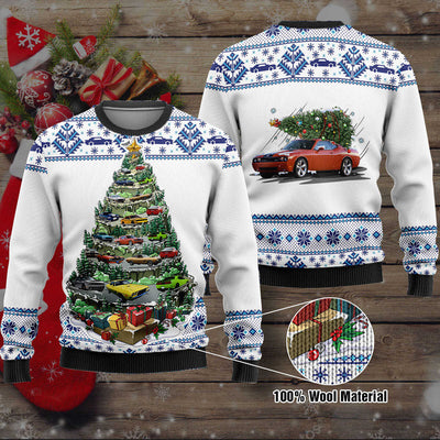 Dodge Challenger Wool Ugly Sweater - Mountain Christmas Tree Of Dodge Challengers