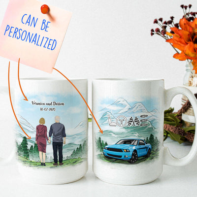 Personalized Mustang Couple Art Mug - Hand In Hand Couple On Mountain Side Road New Version