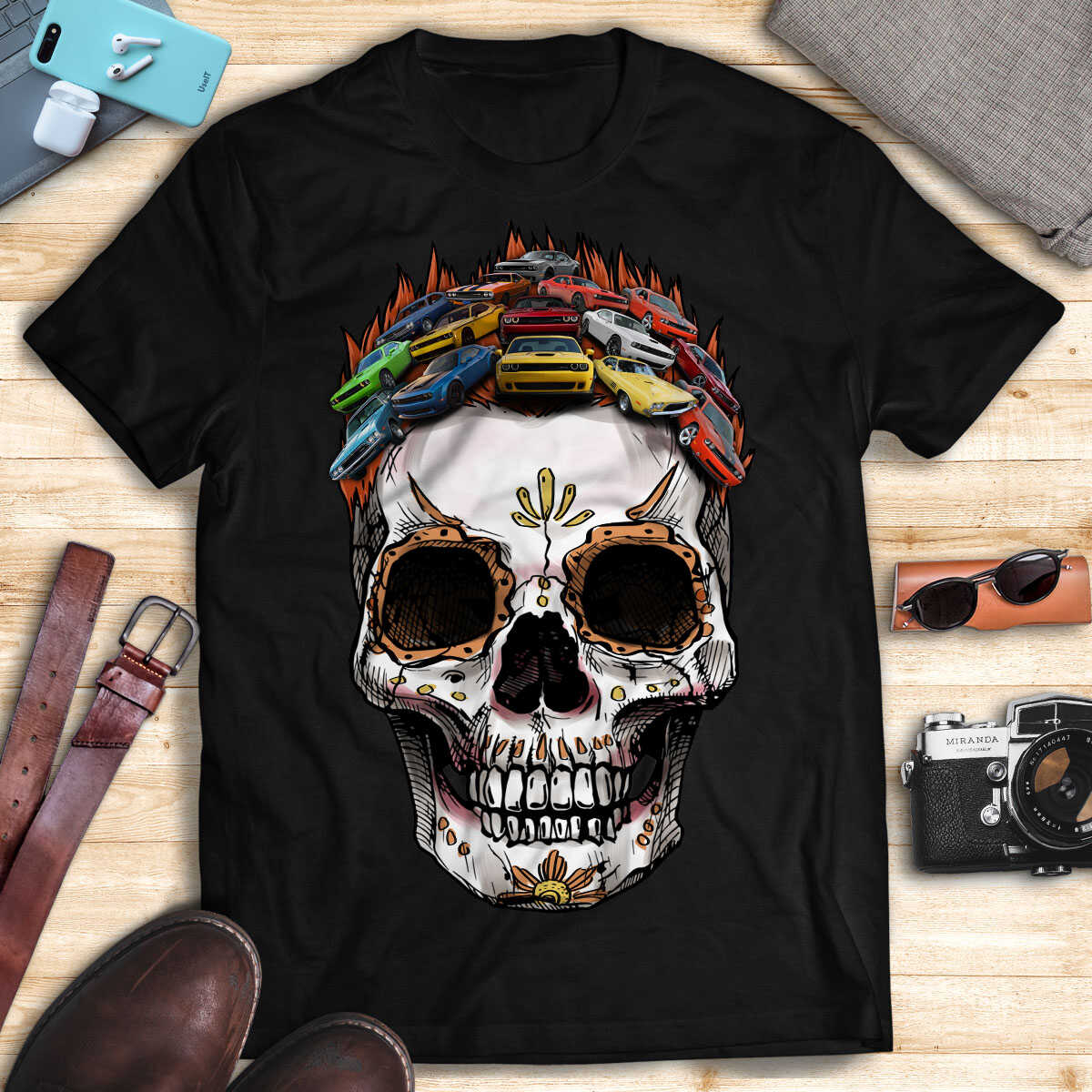 Dodge Challenger Art T-shirt - Halloween Stylized Skull From Dodge Challengers Colorful Version