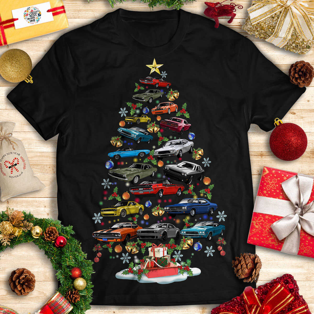 New Dodge Challenger Christmas T-shirt - Christmas Tree From All Dodge Challenger (Cartoon Version)