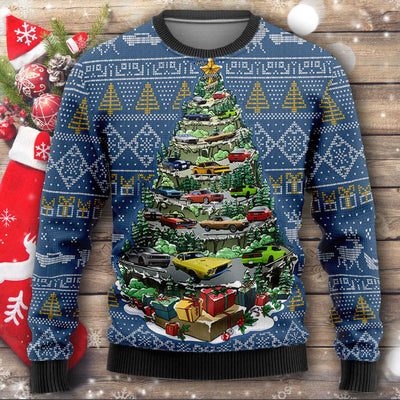 Dodge Challenger Wool Ugly Sweater - Mountain Christmas Tree Of Dodge Challengers