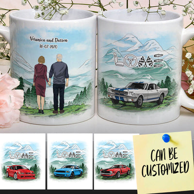 Personalized Mustang Couple Art Mug - Hand In Hand Couple On Mountain Side Road New Version